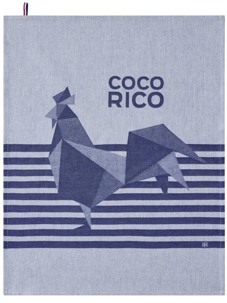 Tea towel from Le Jacquard Français; Model Coco-Rico Bleu; main colour blue in cotton; Size 60x80 cm rectangular; Motif Animals; Pattern jacquard woven