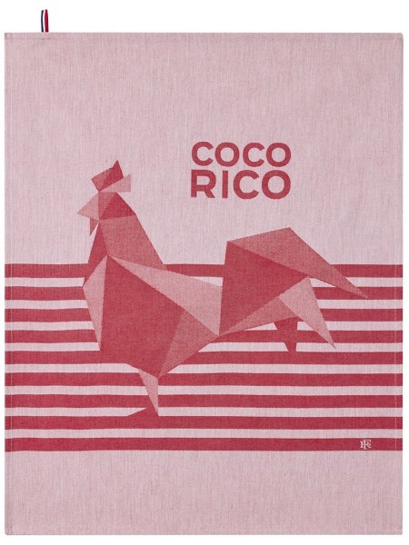 Tea towel from Le Jacquard Français; Model Coco-Rico Rouge; main colour red in cotton; Size 60x80 cm rectangular; Motif Animals; Pattern jacquard woven