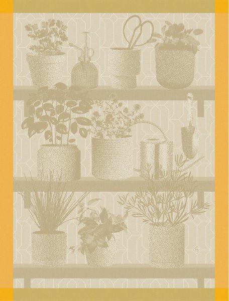 Tea towel from Le Jacquard Français; Model Herbes Fraîches Pissenlit; main colour beige in cotton; Size 60x80 cm rectangular; Motif Fruit and vegetable; Pattern jacquard woven