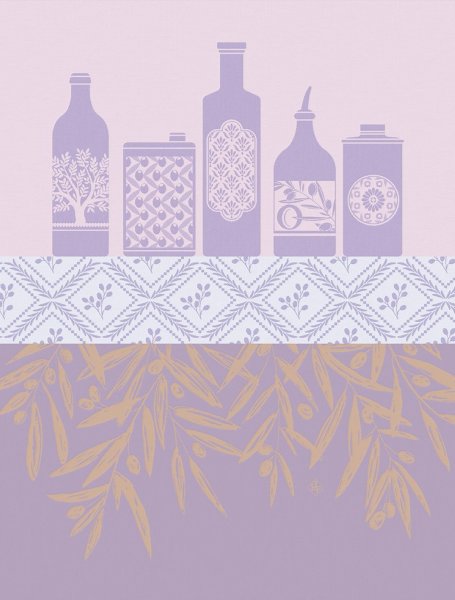 Tea towel from Le Jacquard Français; Model Huiles Provençales Lavande; main colour purple in cotton; Size 60x80 cm rectangular; Motif Food and drink; Pattern jacquard woven