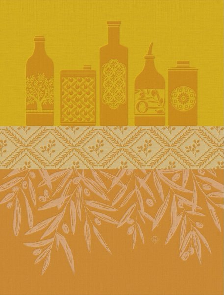 Tea towel from Le Jacquard Français; Model Huiles Provençales Tournesol; main colour yellow in cotton; Size 60x80 cm rectangular; Motif Food and drink; Pattern jacquard woven