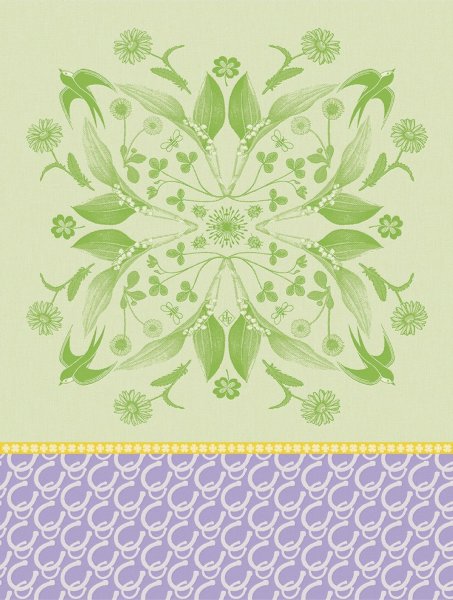 Tea towel from Le Jacquard Français; Model Porte Bonheur Chance; main colour green in cotton; Size 60x80 cm rectangular; Motif Flowers and plants; Pattern jacquard woven