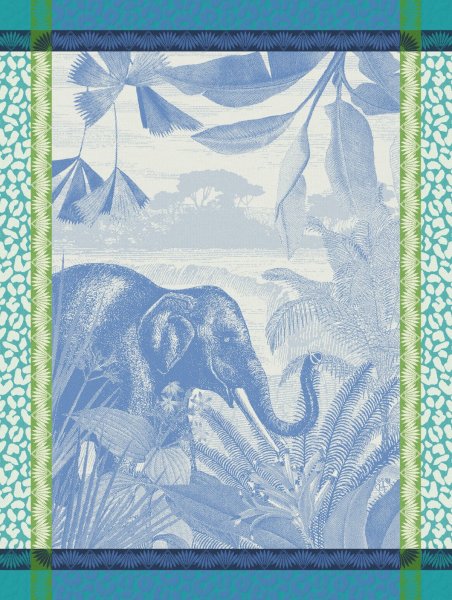 Tea towel from Le Jacquard Français; Model Sinharâja Océan; main colour blue in cotton; Size 60x80 cm rectangular; Motif Landscapes, Animals; Pattern jacquard woven