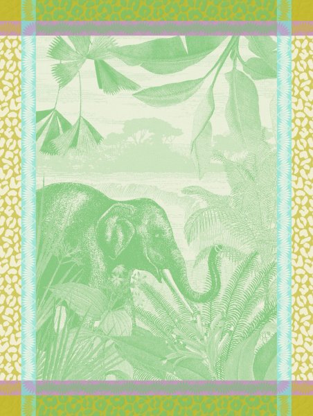 Tea towel from Le Jacquard Français; Model Sinharâja Jungle; main colour green in cotton; Size 60x80 cm rectangular; Motif Landscapes, Animals; Pattern jacquard woven