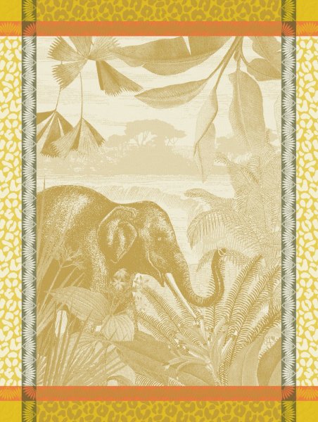 Tea towel from Le Jacquard Français; Model Sinharâja Fauve; main colour yellow in cotton; Size 60x80 cm rectangular; Motif Landscapes, Animals; Pattern jacquard woven