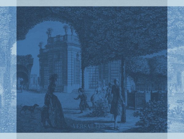 Tea towel from Le Jacquard Français; Model Versailles Promenade; main colour blue in cotton; Size 60x80 cm rectangular; Motif graphic patterns; Pattern jacquard woven