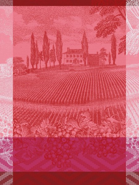 Tea towel from Le Jacquard Français; Model Vignoble Raisin; main colour pink in cotton; Size 60x80 cm rectangular; Motif Landscapes; Pattern jacquard woven