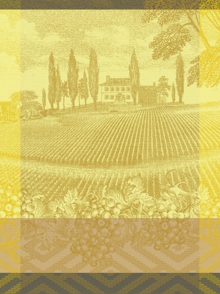 Tea towel from Le Jacquard Français; Model Vignoble Terre; main colour yellow in cotton; Size 60x80 cm rectangular; Motif Landscapes; Pattern jacquard woven