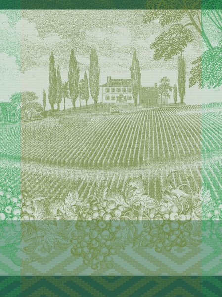 Tea towel from Le Jacquard Français; Model Vignoble Vigne; main colour green in cotton; Size 60x80 cm rectangular; Motif Landscapes; Pattern jacquard woven