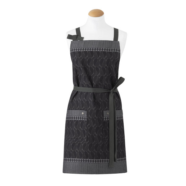 Apron from Le Jacquard Français; Model Barista Ristretto; main colour black in cotton; Size 80x96 cm rectangular; Motif Food and drink; Pattern jacquard woven