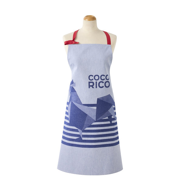 Apron from Le Jacquard Français; Model Coco-Rico Bleu; main colour blue in cotton; Size 90x90 cm rectangular; Motif Animals; Pattern jacquard woven