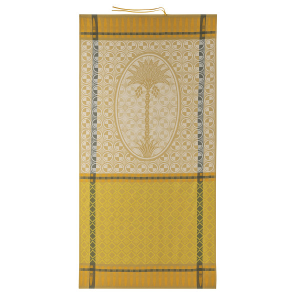 Toalla de playa de Le Jacquard Français; Modelo Palmeraie Désert; Color principal amarillo en algodón; Tamaño 100x200 cm rectangular; Motivo Plantas y flores, diseños gráficos nido de abejas