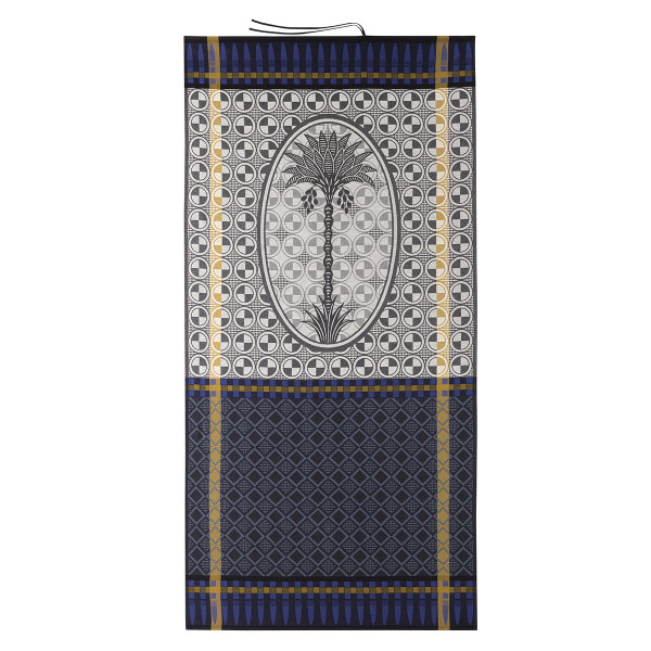 Beach towel from Le Jacquard Français; Model Palmeraie Oasis; main colour black in cotton; Size 100x200 cm rectangular; Motif Flowers and plants, graphic patterns; Pattern honeycomb