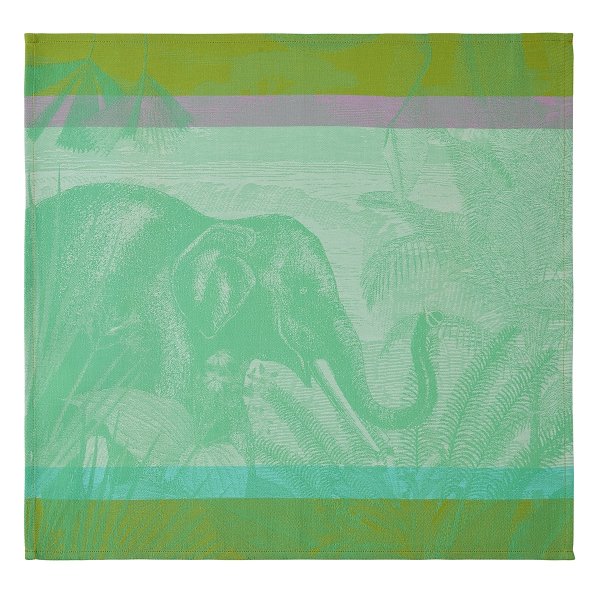 Serviettes de table (4x Set) de Le Jacquard Français; Model Sinharâja Jungle; Couleur principale vert en coton; Taille 50x50 cm carré; Motif Paysages, Animaux tissé jacquard