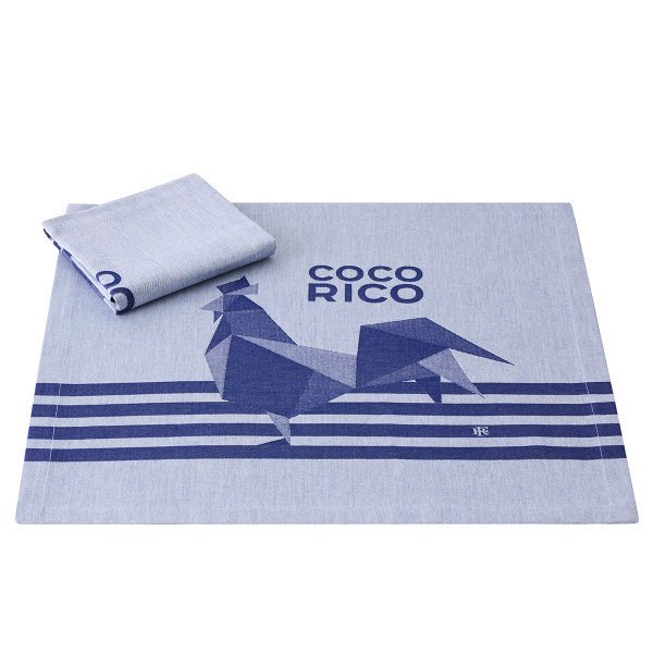 Servietten (2x Set) von Le Jacquard Français; Modell Coco-Rico Bleu in Grundfarbe blau aus Baumwolle; Größe 55x55 cm quadratisch; Motiv Tiere; Muster jacquard-gewebt