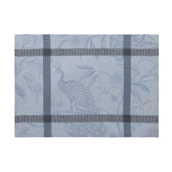 Placemats (2x Set) from Le Jacquard Français; Model À LOrangerie Chardon; main colour blue in linen; Size 36x50 cm rectangular; Motif Summer, Animals; Pattern jacquard woven