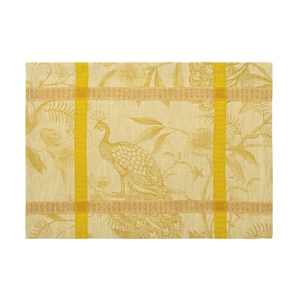 Individuales (2x Set) de Le Jacquard Français; Modelo À LOrangerie Mimosa; Color principal amarillo en lino; Tamaño 36x50 cm rectangular; Motivo Verano, Animales en tejido jacquard