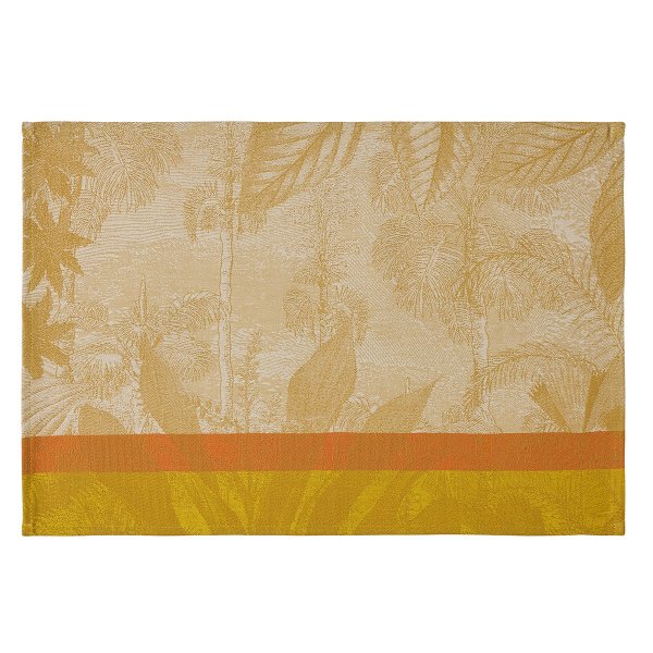 Placemats (2x Set) from Le Jacquard Français; Model Sinharâja Fauve; main colour yellow in cotton; Size 36x50 cm rectangular; Motif Landscapes, Animals; Pattern jacquard woven