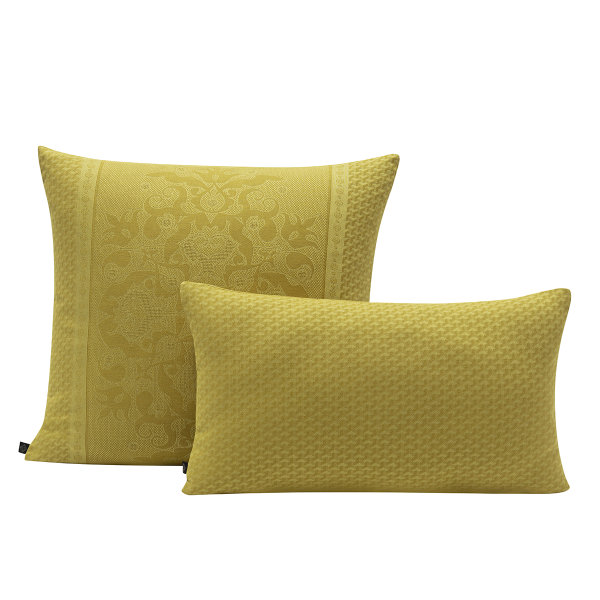 Cushion cover from Le Jacquard Français; Model Palais Vénitien Ocre; main colour yellow in cotton; Size 50x50 cm square; Motif graphic patterns; Pattern jacquard woven