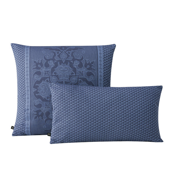 Cushion cover from Le Jacquard Français; Model Palais Vénitien Adriatique; main colour blue in cotton; Size 50x50 cm square; Motif graphic patterns; Pattern jacquard woven