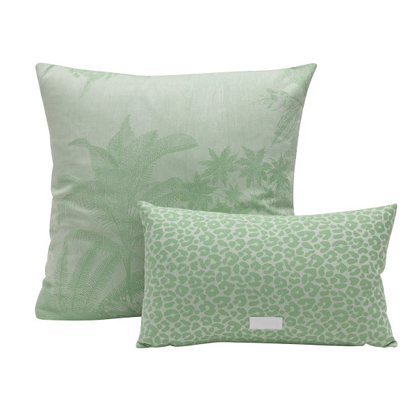 Outdoor cushion cover from Le Jacquard Français; Model Sinharâja Jungle; main colour green in cotton; Size 60x60 cm square; Motif Landscapes, Animals; Pattern jacquard woven