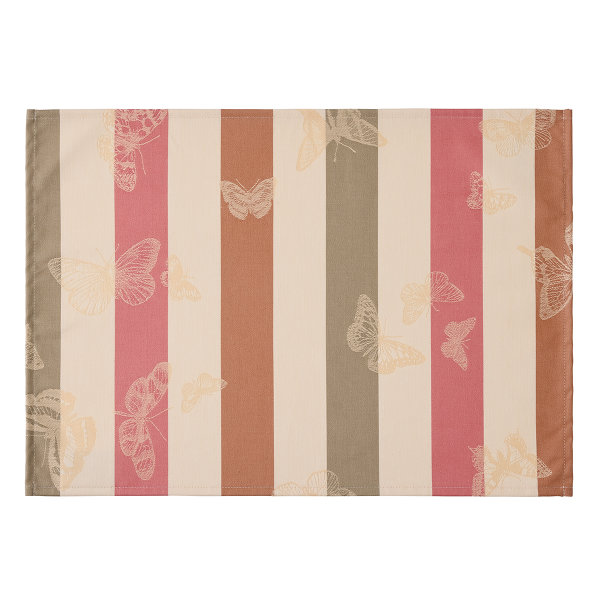 Sets de table enduits (2x Set) de Le Jacquard Français; Model Bal Des Papillons Pêche; Couleur principale rose en coton; Taille 36x50 cm rectangulaire; Motif Été, Animaux tissé jacquard