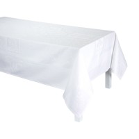 Mantel de Le Jacquard Français; Modelo Siena Blanc; Color principal blanco en algodón; Tamaño 175x175 cm cuadrado; Motivo Celebraciones festivas en tejido jacquard