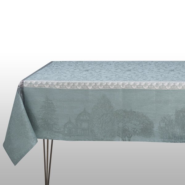 Tablecloth from Le Jacquard Français; Model Symphonie Baroque Fumee; main colour grey in linen; Size 175x175 cm Square; Motif Places and cities; Pattern jacquard woven