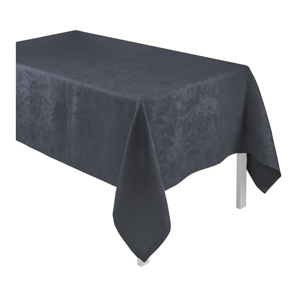 Tablecloth from Le Jacquard Français; Model Tivoli Onyx; main colour black in linen; Size Ø 240 cm round; Motif festive occasions; Pattern jacquard woven