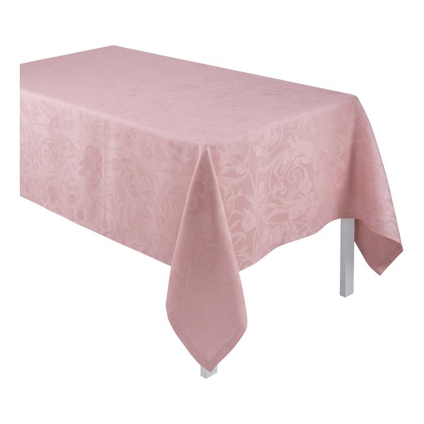 Mantel de Le Jacquard Français; Modelo Tivoli Rosepoudre; Color principal rosa en lino; Tamaño 175x175 cm cuadrado; Motivo Celebraciones festivas en tejido jacquard