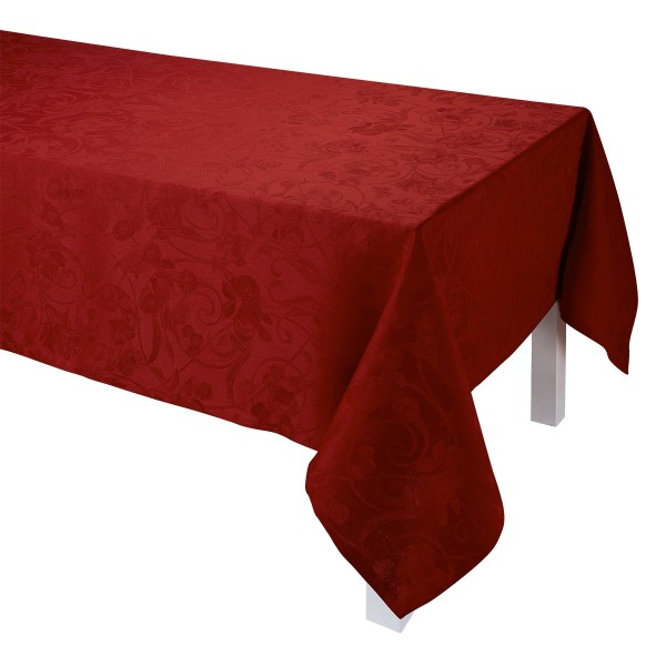 Mantel de Le Jacquard Français; Modelo Tivoli Velours; Color principal rojo en lino; Tamaño 175x320 cm rectangular; Motivo Celebraciones festivas en tejido jacquard