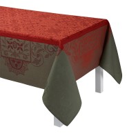 Mantel de Le Jacquard Français; Modelo Venezia Cornaline; Color principal rojo en lino; Tamaño 175x175 cm cuadrado; Motivo diseños gráficos, Celebraciones festivas en tejido jacquard
